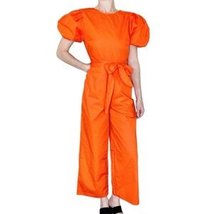 NWT Sugarlips Bright Orange Puff Sleeve Open Back Jumpsuit